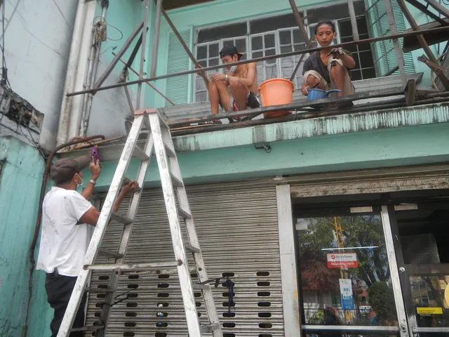 Window cleaners-washers at maintenance work with aluminum step ladders Housekeeping Maintenance (technical) Window cleaner Domestic worker Cleaning Commercial cleaning Cleaning tools. Window cleaning scheduling delays: windows and the call