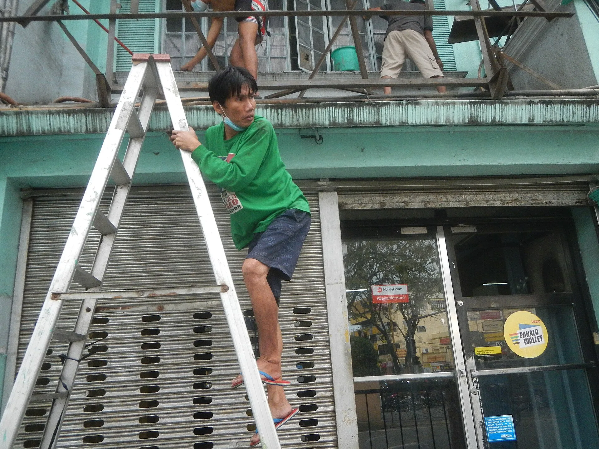 Window cleaners-washers at maintenance work with aluminum step ladders Housekeeping Maintenance (technical) Window cleaner Domestic worker Cleaning Commercial cleaning Cleaning tools. Window cleaning profit margin: a six-step quarterly audit