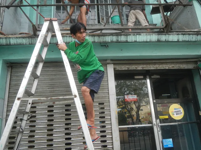 Window cleaners-washers at maintenance work with aluminum step ladders Housekeeping Maintenance (technical) Window cleaner Domestic worker Cleaning Commercial cleaning Cleaning tools. Window cleaning profit margin: a six-step quarterly audit