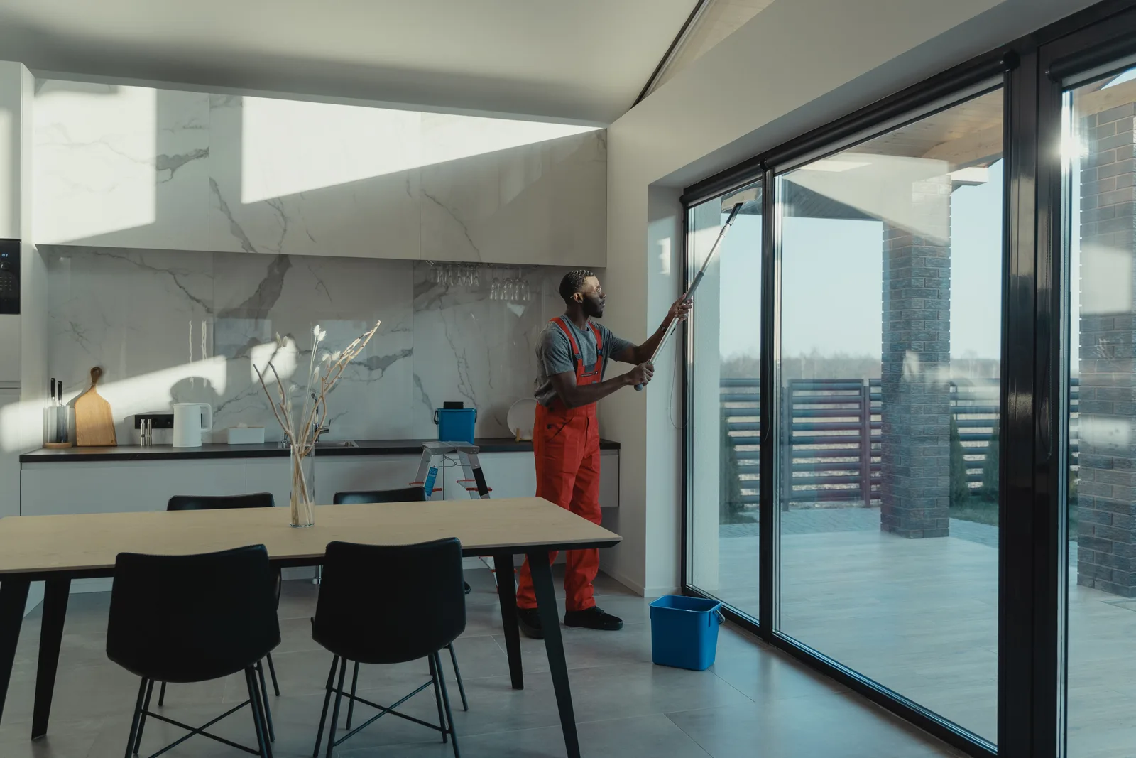 A professional cleaner in uniform washing large glass windows indoors with natural light streaming in. Top window cleaning software, rated on evidence rather than hype